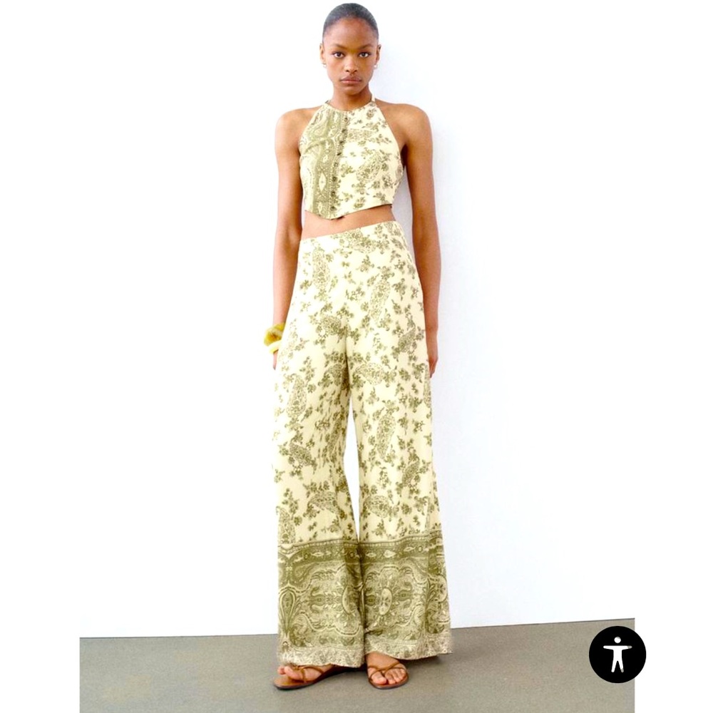 Zara wide leg cream paisley print wide leg pants